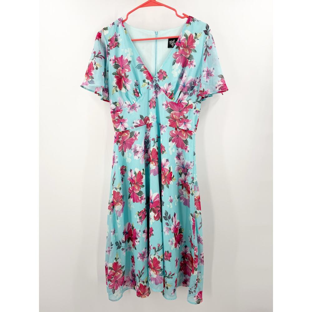 Hell Bunny Dress Women's Size Small Vintage 1940s Tea Style Chiffon Blue Floral